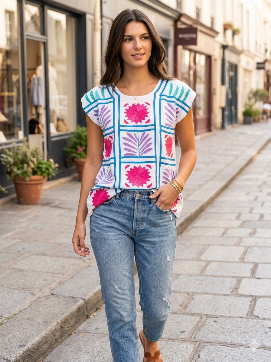 Women’s White Embroidered Floral Block Top
